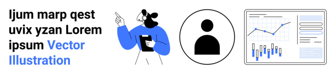 Business character holding document, user icon, data analytics graphs with blue trend line, bar chart. Ideal for corporate presentations, data analysis, user interaction, portfolio management