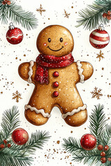 Gingerbread man with a red hat and scarf, festive pine backdrop.