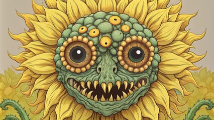 A Grotesque Sunflower with Fangs and Multiple Eyes