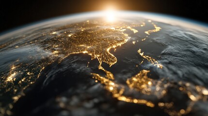 夜の地球：街の明かりと日の出の地平線を捉えた素晴らしい空中写真