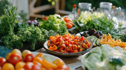 Fresh vegetables on the table in the garden. Healthy food concept. - Generated AI