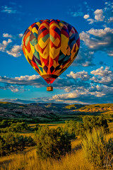 Naklejka premium A vibrant hot air balloon soaring high in the clear blue sky, its colorful patterns and bright hues standing out against the backdrop of fluffy white clouds.