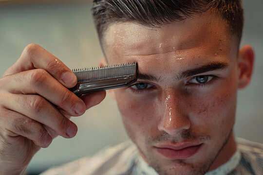 Young man getting a precise haircut in a modern barber shop