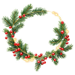 A wreath with red berries and green pine branches on transparent background