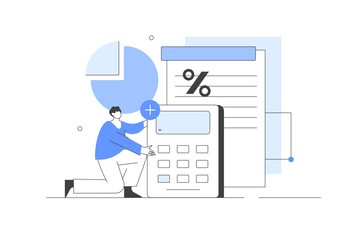 Character manage finances. Calculating and analyzing personal or corporate budget, managing financial income, consulting with accountant. Vector Illustration, icon. Stylish, Minimalist line, abstract