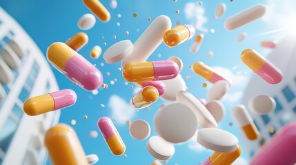 Pills Falling Sky Blue Background