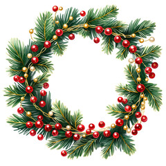 A Christmas wreath with red berries and gold accent on transparent background