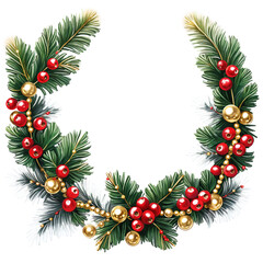 Gold Christmas wreath with red berries and golden balls on transparent background