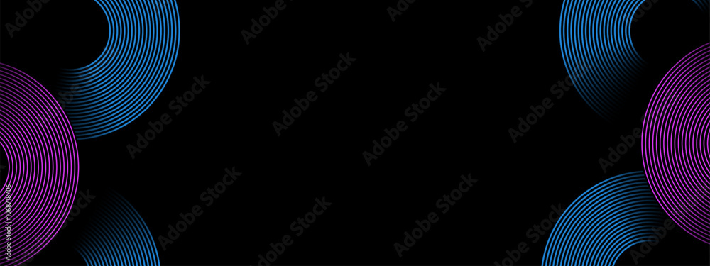 Poster Abstract background with circular blue and pink line patterns on dark background. Vector.