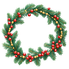A Christmas wreath with red berries and golden accent on transparent background