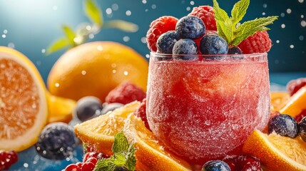 A refreshing fruit cocktail with berries and ice, garnished with mint, surrounded by vibrant orange slices.