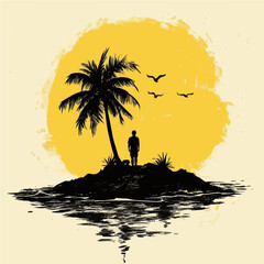 Bold yellow and black tropical scene with palm tree, silhouetted man, and sunset, ideal for summer and vacation themes.