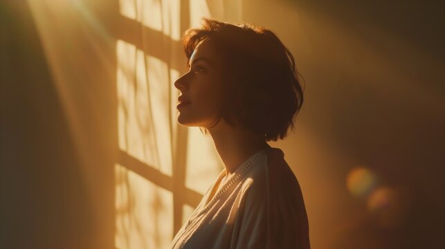 Portrait of a hopeful woman looking out the window