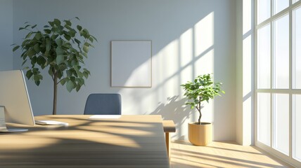A modern office space featuring natural light, plants, and a minimalist design, creating a serene working environment.