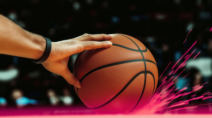 A basketball player is holding a basketball in his hand