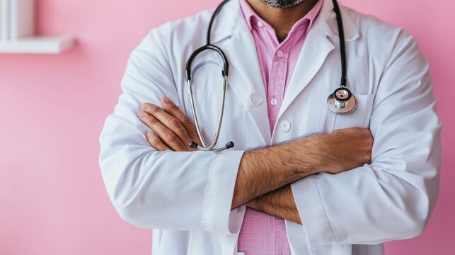 ピンクの背景に聴診器を持った白衣を着た自信に満ちた医師 - Powered by Adobe