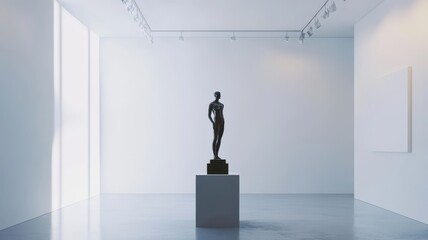 A minimalist gallery featuring a single statue on a pedestal, surrounded by white walls and ample natural light.