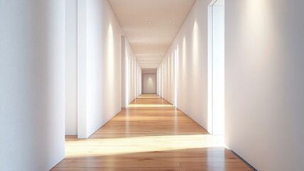 Fototapeta premium A bright, minimalist corridor featuring wooden flooring and white walls, creating a spacious and serene atmosphere.