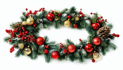 Festive holiday wreath with red and gold ornaments and pine cones on evergreen branches.