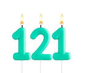 Birthday number 121 - Green birthday candle on white background