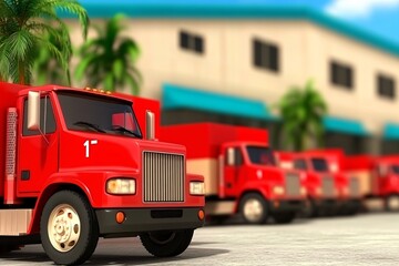 Fototapeta premium Red Delivery Trucks at Warehouse Transportation Logistics