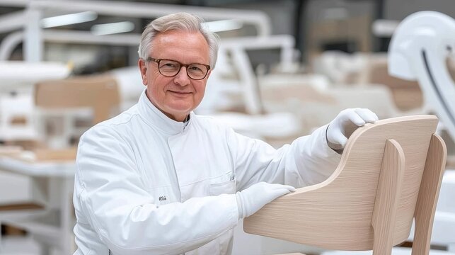 A skilled craftsman inspects a wooden chair design in a workshop, showcasing attention to detail and quality craftsmanship in furniture making.