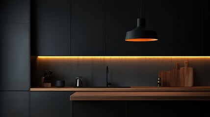 A modern kitchen featuring dark cabinetry, warm lighting, and wooden accents, creating a cozy atmosphere for cooking and gatherings.