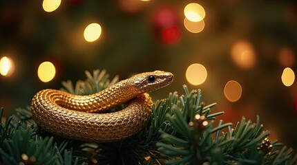 Fototapeta premium Gold Snake Christmas Ornament on Tree with Lights