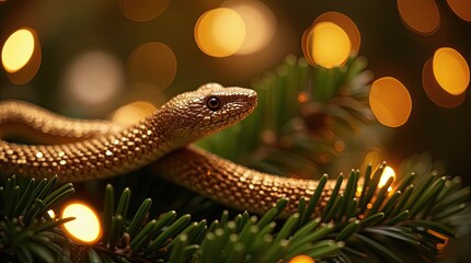 Fototapeta premium Sparkling Gold Snake Christmas Ornament on Festive Tree Branches