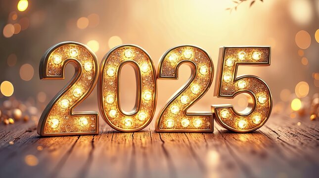 Glowing 2025 New Year Sign on Rustic Wooden Table