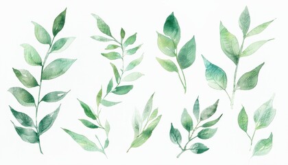 Elegant collection of watercolor green leaves on white background.