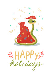 Christmas greeting card with cute snake and hand drawn lettering