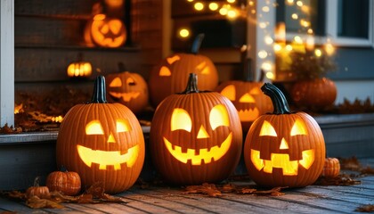 Glowing halloween pumpkins on porch with festive lights and autumn leaves.