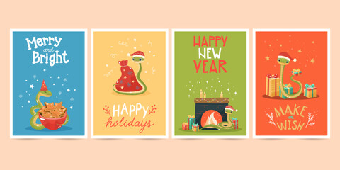 Collection of Christmas greeting cards with cute snake and hand drawn lettering