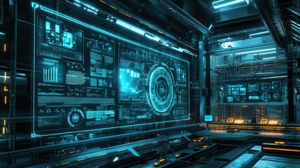 Obraz premium Futuristic Digital Control Room with Data Display