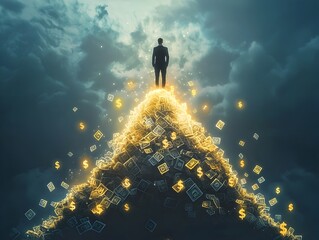 A Businessperson Stands Atop a Digital Mountain Made of Glowing Currency Symbols Symbolizing Financial Success and Career Achievement