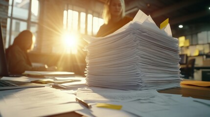 夕暮れ時の書類の山が積まれた忙しいオフィスの風景