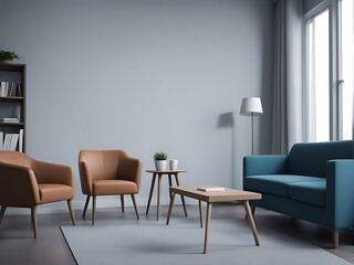 A living room with chair and sofa office front picture on the wall Image