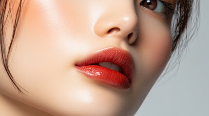 Naklejka premium 美しさと優雅さ：光沢のある唇と滑らかな肌のクローズアップ