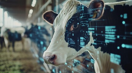 Dairy cow with futuristic digital overlay in a barn setting