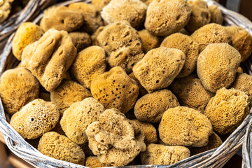 Natural sea sponges close up background in Symi Greece
