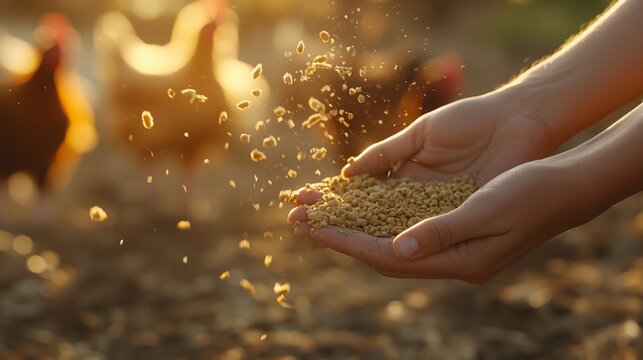 Farmer feeding chickens with grain at sunset, agriculture and farming concept