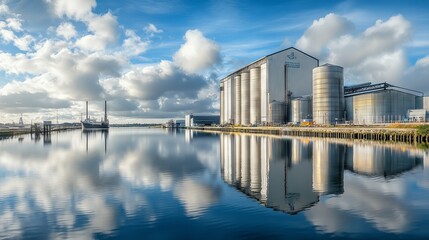 Grain terminal reflecting on water under cloudy sky