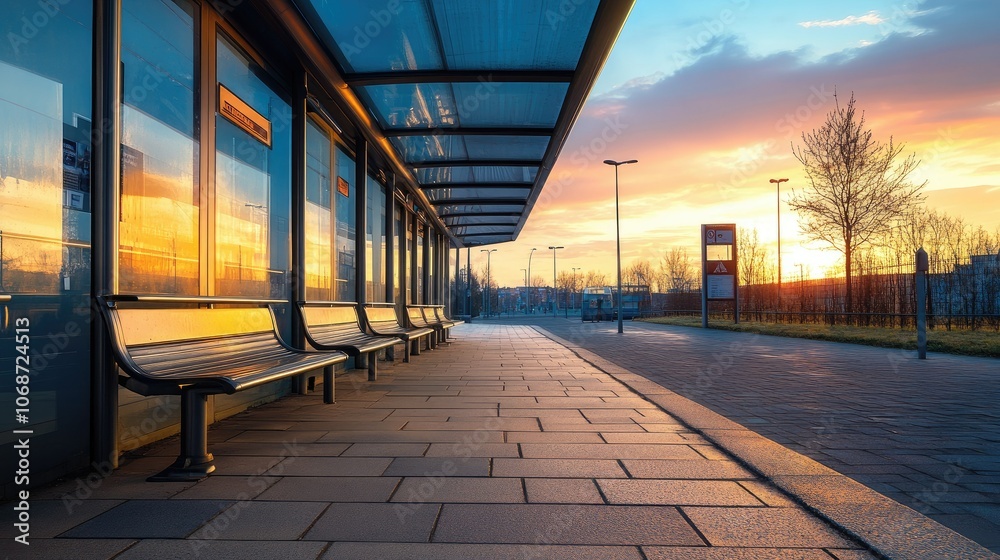 Aufkleber sunset reflection at a modern bus stop