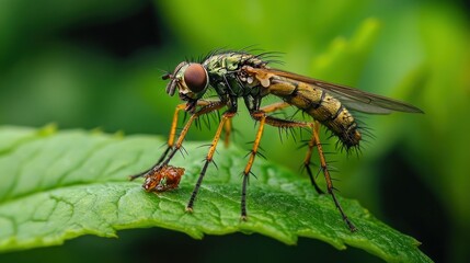 A Close-Up of a Robber Fly Capturing Prey on a Leaf
