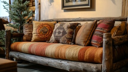 Beautifully crafted sofa with rustic wood frame and thick, earthy cushions, creating a warm, comfortable space