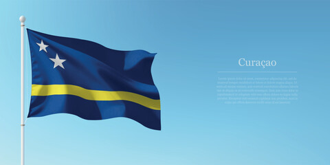 Waving Flag of Curacao Against Clear Blue Sky Copyspace