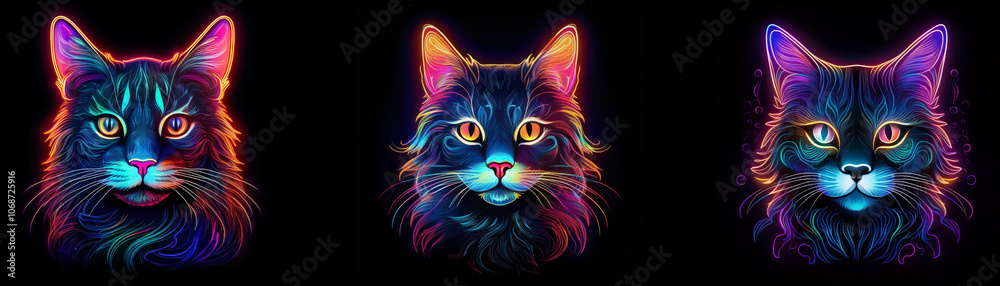 Poster Three cats are shown in a dark background, each one glowing in a different vibrant color.