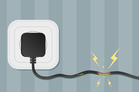 Electricity short circuit. Damaged cable plugged into wall socket. Vector illustration.