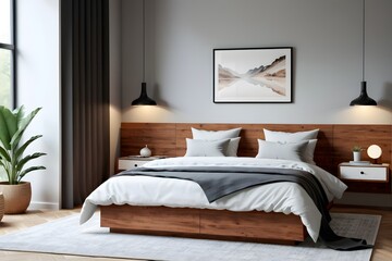 Contemporary bedroom interior with comfortable template bed.